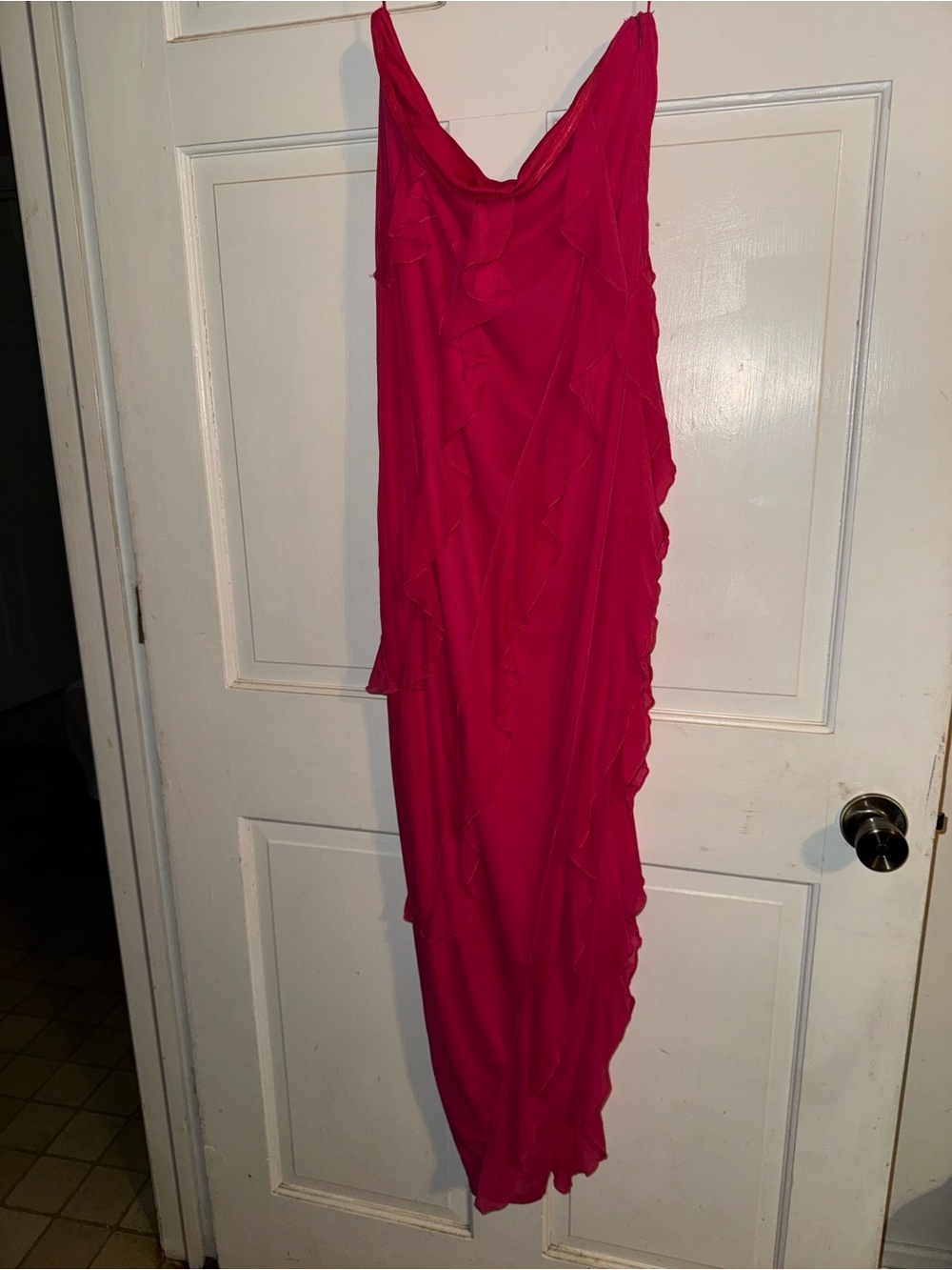 Hot Pink Asymmetrical Ruffle Maxi Dress